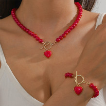 Red Fake Pearl Earring Bracelet Necklace Jewelry(Two Pieces)