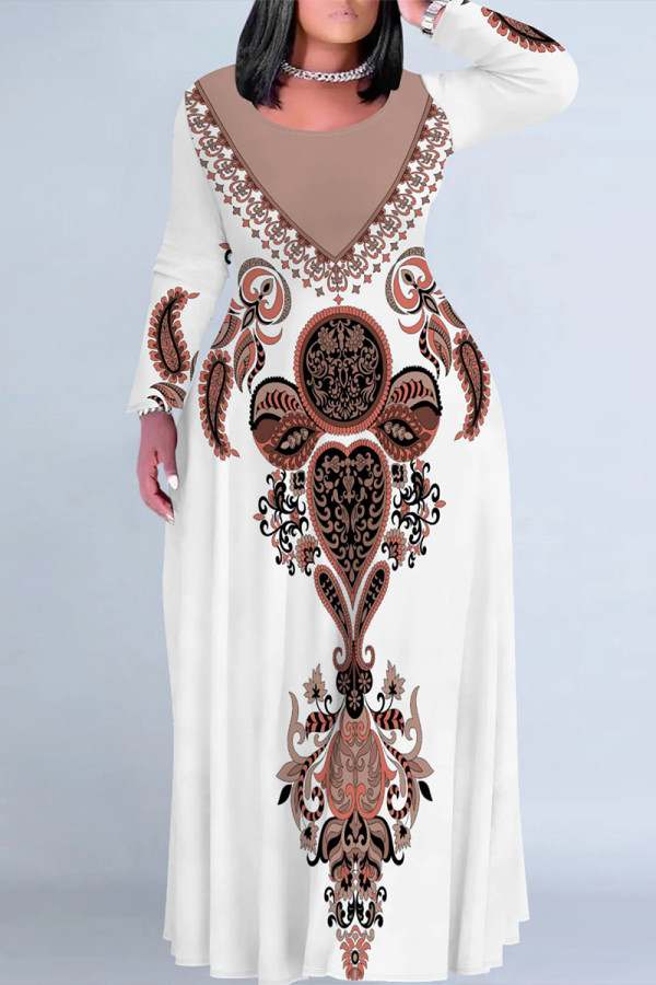 White Brown Casual Street Floral Print Contrast O Neck Printed Plus Size Dresses