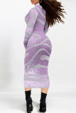 Purple Elegant Gradient Print Contrast Half A Turtleneck One Step Skirt Dresses