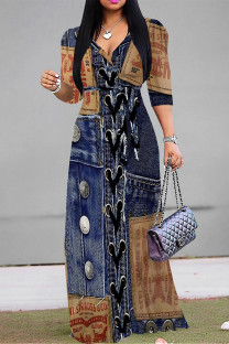 Dark Blue Casual Faux Denim Print Lace Up Contrast V Neck Printed Dresses