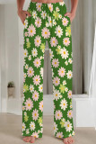 Cyan Casual Print Patchwork Loose Mid Waist Straight Full Print Bottoms