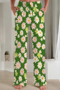 Green Casual Print Patchwork Loose Mid Waist Straight Full Print Bottoms