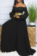 Black Casual Solid Color Patchwork Backless Zipper Ruffled Trim Off Shoulder Loose Jumpsuits