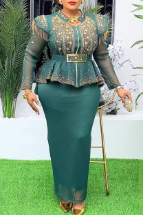 Green Elegant Solid Color Fringed Trim Patchwork With Belt Hot Drill O Neck Long Plus Size Two Pieces
