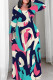 Tibetan Blue Casual Print Patchwork O Neck Long Plus Size Dresses