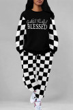 Red Casual Street Plaid Letter Print Draw String Pocket Contrast O Neck Two Pieces