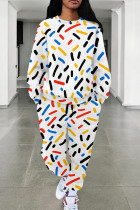 White Yellow Casual Print Pocket Patchwork O Neck Long Sleeve Two Pieces