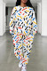 White Yellow Casual Print Pocket Patchwork O Neck Long Sleeve Two Pieces