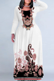 Black And White Casual Street Floral Print Contrast O Neck Printed Plus Size Dresses