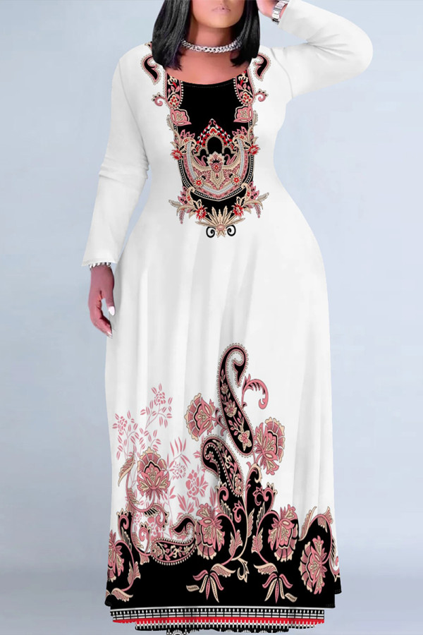 Black And White Casual Street Floral Print Contrast O Neck Printed Plus Size Dresses