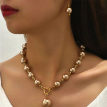 Champagne Fake Pearl Earring Bracelet Necklace Jewelry(Two Pieces)