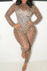 Coffee Sexy Leopard Print Hollow Out Patchwork Cross Straps Strap Design O Neck Skinny Jumpsuits