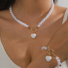 White Fake Pearl Earring Bracelet Necklace Jewelry(Two Pieces)