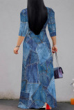 Baby Blue Casual Faux Denim Print Lace Up Contrast V Neck Printed Dresses