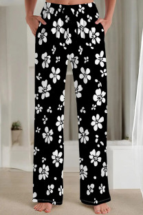 Black And White Casual Print Patchwork Loose Mid Waist Straight Full Print Bottoms