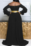 Rose Red Casual Solid Color Patchwork Backless Zipper Ruffled Trim Off Shoulder Loose Jumpsuits