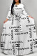 White Daily Elegant Letter Print Lace Up Contrast O Neck Long Dresses