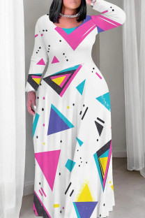 Colour Casual Print Patchwork O Neck Long Plus Size Dresses