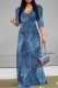 Medium Blue Casual Faux Denim Print Lace Up Contrast V Neck Printed Dresses