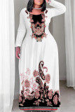 Black Red Casual Street Floral Print Contrast O Neck Printed Plus Size Dresses