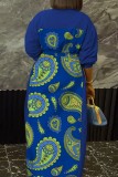Blue Casual Print Buttons Patchwork Turndown Collar Long Plus Size Dresses