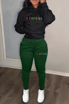 Black Green Casual Letters Draw String Pocket Patchwork Hooded Long Sleeve Two Pieces