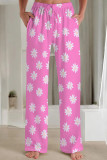 Cyan Casual Print Patchwork Loose Mid Waist Straight Full Print Bottoms
