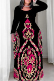 Black Red Casual Street Floral Print Contrast O Neck Printed Plus Size Dresses