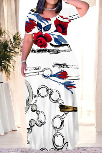 White Casual Flowers Splashed ink Chain print Contrast O Neck Printed Plus Size Dresses