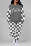 Red Casual Street Plaid Letter Print Draw String Pocket Contrast O Neck Two Pieces