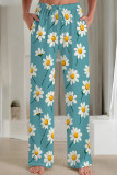Cyan Casual Print Patchwork Loose Mid Waist Straight Full Print Bottoms