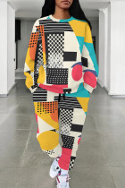 Yellow Red Casual Print Pocket Patchwork O Neck Long Sleeve Two Pieces