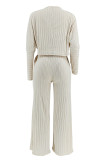 Apricot Casual Solid Color Patchwork V Neck Long Sleeve Two Pieces