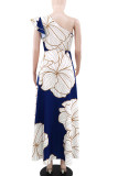 White Elegant Print Patchwork Backless Oblique Collar Long Dresses