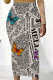 Beige Casual Butterfly Newspaper printing Contrast Regular High Waist Full Print Bottoms