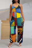 Blue Purple Casual Print Pocket Patchwork Spaghetti Strap Loose Jumpsuits