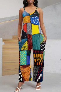 Multicolor Casual Print Pocket Patchwork Spaghetti Strap Loose Jumpsuits