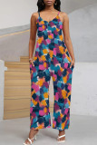 Blue Purple Casual Print Pocket Patchwork Spaghetti Strap Loose Jumpsuits
