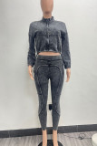 Blue Casual Solid Color Patchwork Zipper Zipper Collar Long Sleeve Two Pieces