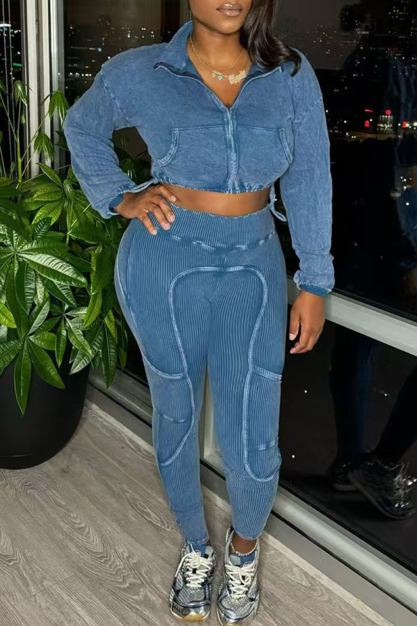 Blue Casual Solid Color Patchwork Zipper Zipper Collar Long Sleeve Two Pieces