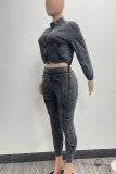 Blue Casual Solid Color Patchwork Zipper Zipper Collar Long Sleeve Two Pieces
