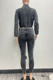 Blue Casual Solid Color Patchwork Zipper Zipper Collar Long Sleeve Two Pieces