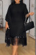 Black Elegant Solid Color Fringed Trim Patchwork O Neck Long Plus Size Dresses