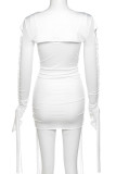 White Sexy Solid Color Hollow Out Patchwork U Neck Long Sleeve Two Pieces