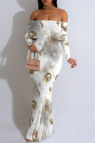 White Sexy Floral Print Ruffle Contrast Off Shoulder Long Dresses