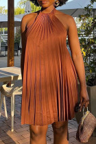Brown Sexy Solid Color Patchwork Backless O Neck Long Dresses