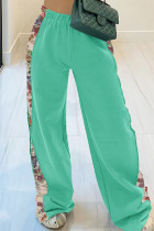 Cyan Casual Print Patchwork Loose Mid Waist Conventional Patchwork Bottoms