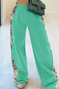 Cyan Casual Print Patchwork Loose Mid Waist Conventional Patchwork Bottoms