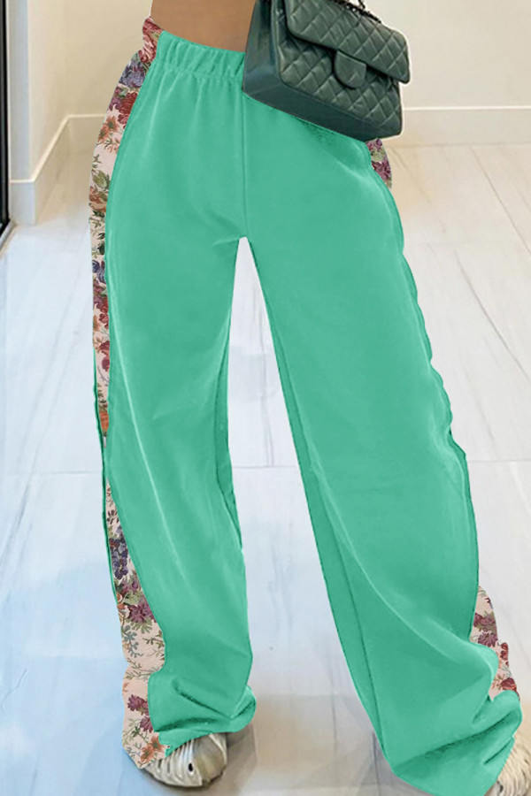 Cyan Casual Print Patchwork Loose Mid Waist Conventional Patchwork Bottoms