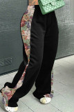 Black Casual Print Patchwork Loose Mid Waist Conventional Patchwork Bottoms